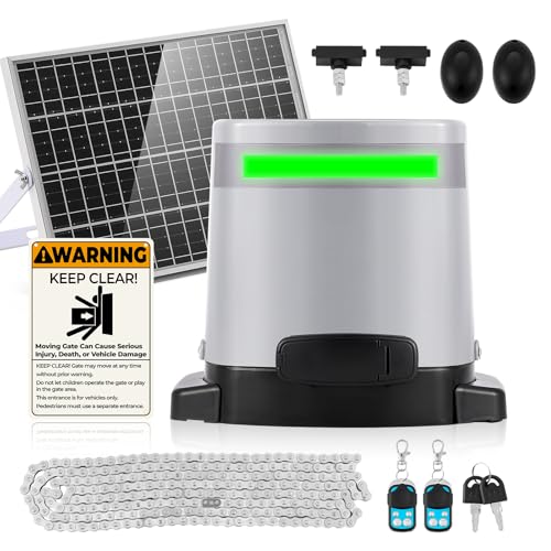 1300lbs Solar Sliding Gate Opener Chain Drive with Built-in Backup Battery, WiFi Remote Control, IR Sensor, Automatic Gate Motor for Heavy Driveway Slide Gates, Off-Grid Operation with Solar Panel