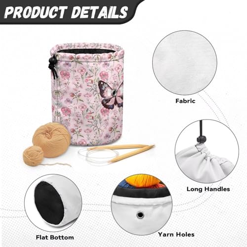 Image of Sellikakes Yarn Bag Crochet Organizer, Pink Flowers Butterfly Portable Knitting Crochet Storage Bag for Crocheting Project, Store Skein Ball, Short Knitting Needle Sewing Supplies Accessories