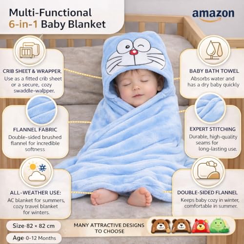 Image of First KickFirst Kick New Born Baby Blanket Pack of Super Soft Bathrobe Wrapper Bath Towel for Boys, Girls, Babies (Sky Blue Smiley, Length 82 cm x Width 82 cm, 0-12 Months)