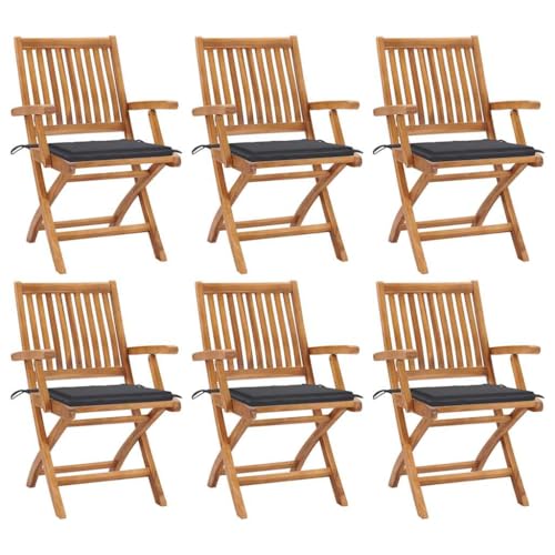 Mimdixy Sillón de terraza, silla de camping, silla de jardín, sillas de jardín plegables con cojín, 6 unidades, madera maciza de teca, para jardín, balcón, área de piscina, se puede instalar