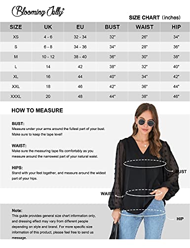 Blooming Jelly Womens Black Blouse V Neck Lantern Sleeve Chiffon Swiss Dot Business Casual Tops Shirts(Small,Black) #TOP5