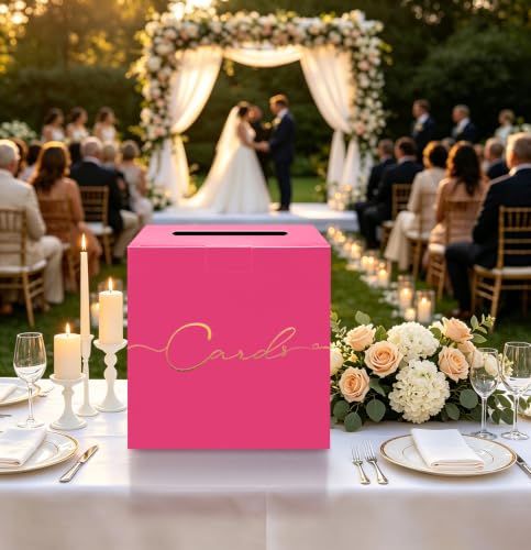 Image of HEIPINIUYE Hot Pink Wedding Card Box with Gold Foil 9.8 inch x 9.8 inch Pink Large Gift Card Box for Party Wedding Reception Graduation Birthday Baby Shower Cardboard Raffle Envelope Box with Slot