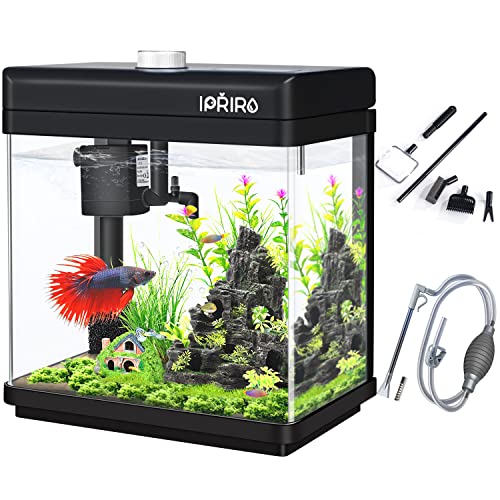 iPriro Glass Betta Aquarium Starter Kits Fish Tank with LED Light and Temp Display 1.5 Gallon, Top Filtration, Gravel Cleaners, Cleaner Tool 4 in 1