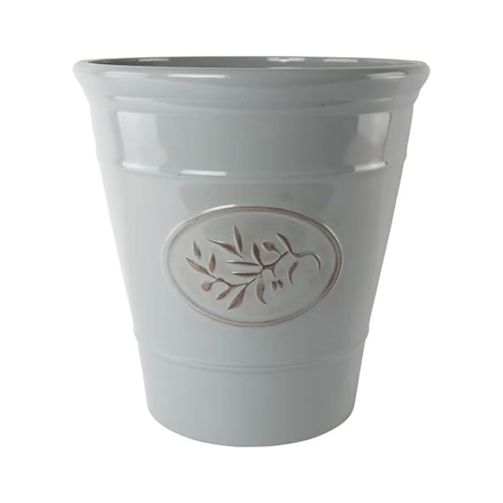 Fyne-Finds Olive Grey Plastic Classic Planters, Saucers, Trough And Wall Plant Pot Long Lasting Flower Garden Indoor Outdoor Planter Cover Weather, Frost Proof Glossy Effect (23Cm Planter Round)