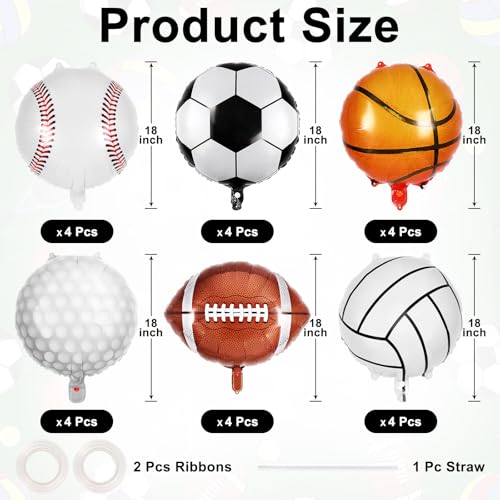 Image of 24 Pcs Sports Foil Balloon Set, 18 Inch Football Basketball Baseball Volleyball Golf Soccer Balloons All Sports Game Balloons for Birthday Baby Shower Sports Themed Party Decorations