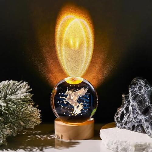 Image of 3D Horse Crystal Ball Night Lamp, Solar System Horse Crystal Ball Night Light, USB Table Colorful Led Wooden Crystel Ball for Home, Office, Birthday Gift (Horse)