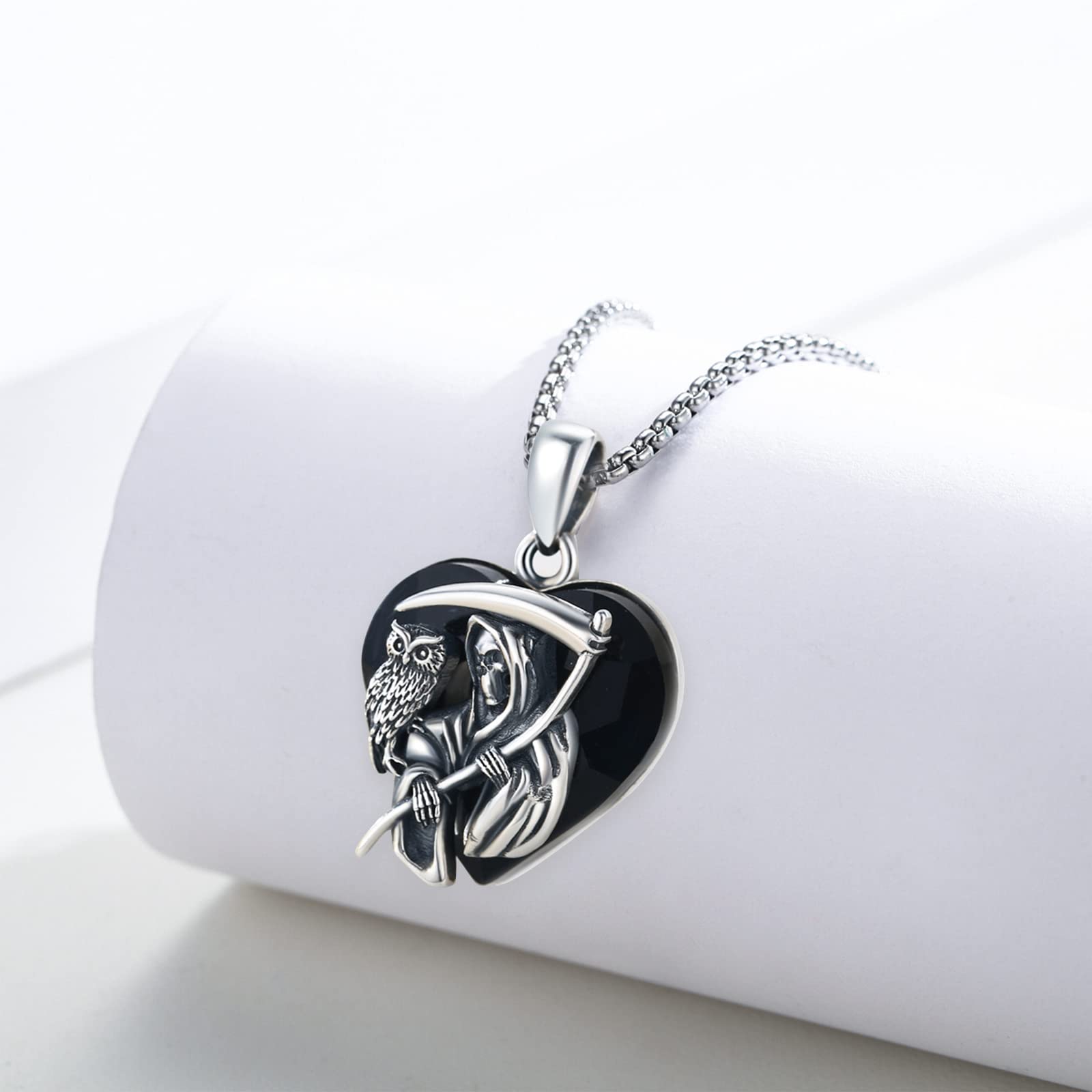 Reaper - Collar de plata de ley 925, diseño de búho y Santa Muerte con cristales negros, collar de Halloween, joyas de Halloween, regalo para mujeres y hombres, 22 + 2 pulgadas, 18 * 18 mm, Plata