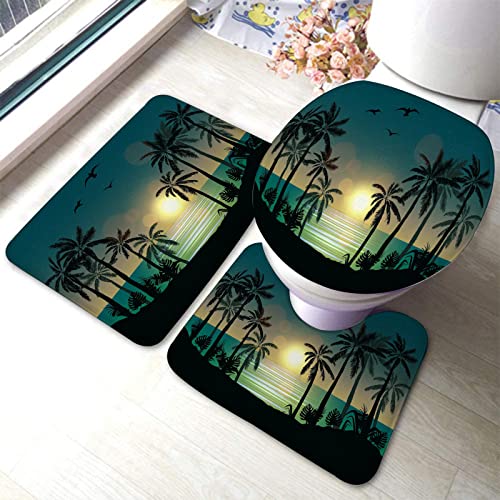 Badezimmerteppich-Set, 3-teilig, Summer Beach Night Palm Sunset, waschbare Badeteppiche, rutschfest, mit Rückenpolster, Konturteppich und Toilettendeckelbezug