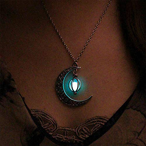 Aimimier Luminous Moon Necklace Stone Pendant Necklace Halloween Fluorescent Necklace Glow in The Dark Accessories for Women Teens Girls (Light blue)