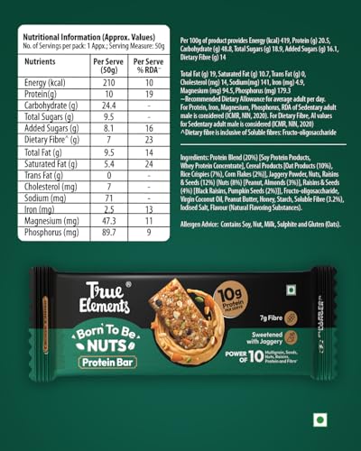 Image of True Elements Born To Be Nuts Protein Bar 50gm - Crunchy Protein Bar | 10g Protein + 7g Fibre | Sweetened with Jaggery | Healthy Protein Snack