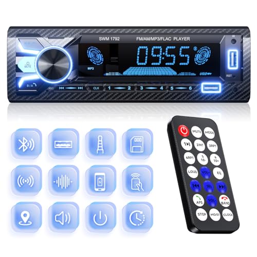 Radio Coche Bluetooth 5.1 RDS/FM/Am - SOOMFON 1 DIN Autoradio Bluetooth[Control App/Control Remoto/Llamadas Manos Libres/Luz de Botón 7 Color], Autorradio con Aux/2 USB/U Disk/TF, Guardar 30 Emisoras