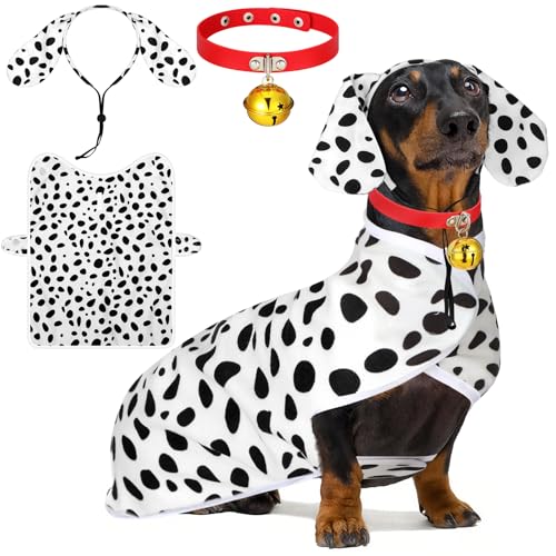 Dansydaisy 3 Pcs Dalmatian Medium Dog Costume Set Cute Dalmatian Dog Poncho Headband and Red Collar with Bell Animal Print Cosplay Costumes Soft Coat for Pet Daily Holiday Dress up Accessories