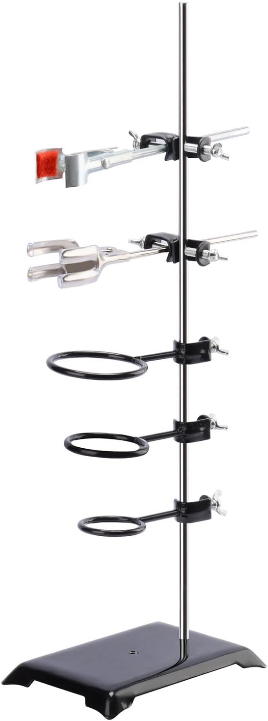 – Lab Stand Set, Laboratory Stand Support Metalware Steel Support Stand with Rod (60 cm L), 4-Prong Burette Clamp, Retort Ring, Flask Clamp and Boss Head Clamp