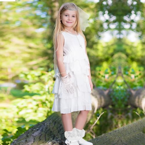 6 Pcs First Communion Veil Set for Girls White 1st Communion Veil Satin Gloves Lace Socks Rhinestone Crown Pearl Necklace Bracelet First Communion Accessories for Girls Wedding Flower Girl4