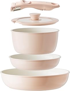 Redchef Ceramic Pan Set with Removable Handle, Motorhome Cookware Set for Camping, Ceramic Non-Toxic Pot, PTFE Free, PFAS-Free, PFOA-Free, Space-saving, Dishwasher Safe, Pink Ceramic