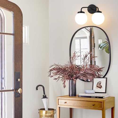 Image of Bathroom Light Fixtures 14in 2-Light Matte Black Vanity Lights for Mirror | Bathroom Lighting Fixtures over Mirror, ETL, Brushed Brass Wall Sconce, Dimmable E12 Base Max 60W, Milky Glass Ball Shades