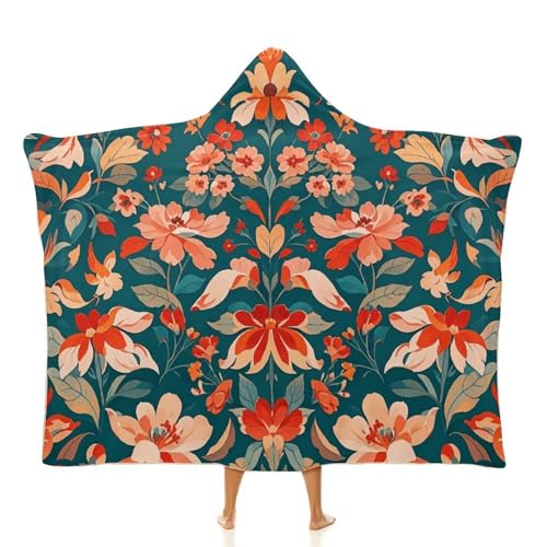 Couverture à capuche en peluche thermique à motif oiseau et fleurs