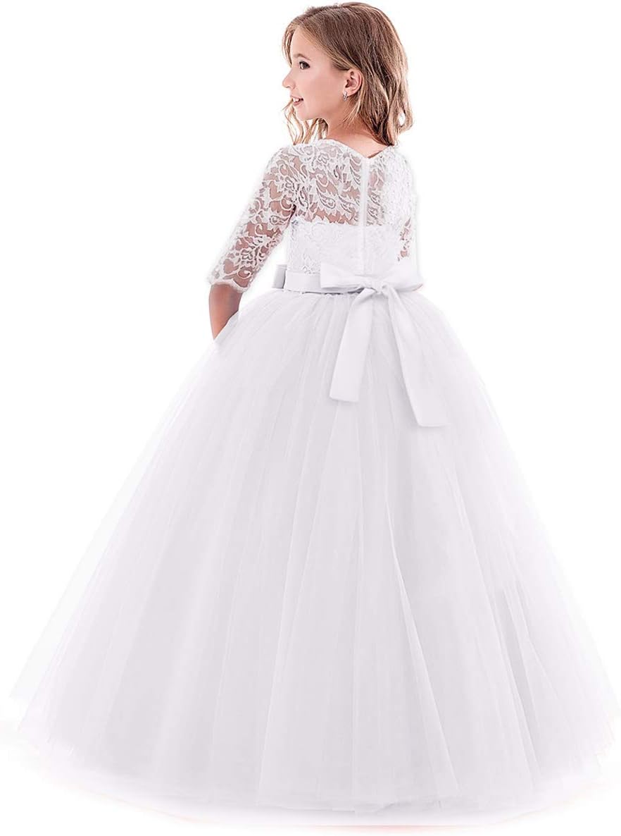 Flower Girl Lace Bridesmaid Dress 3/4 Sleeves Pageant Ball Gowns Princess Puffy Tulle Wedding Party Dresses