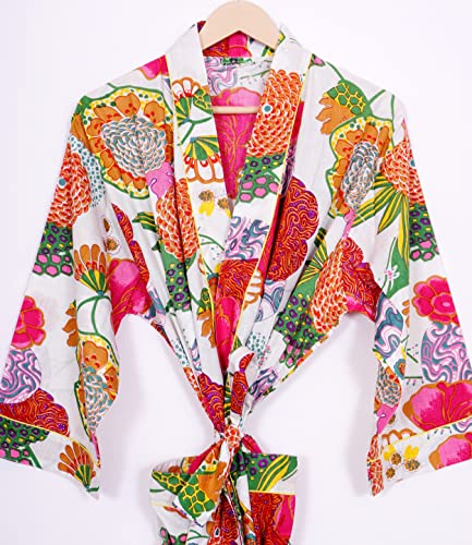 Image of Pure 100% Cotton Robe For Womens Bathrobe Dressing Gown Long sleepwear Free Size Kimono