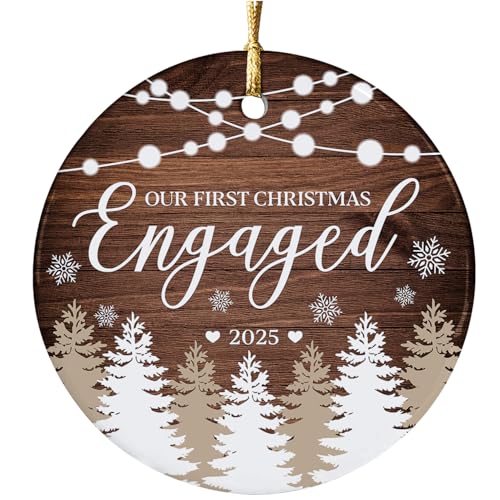 Our First Christmas Engaged Ornament 2025 – Rustic Wood Forest