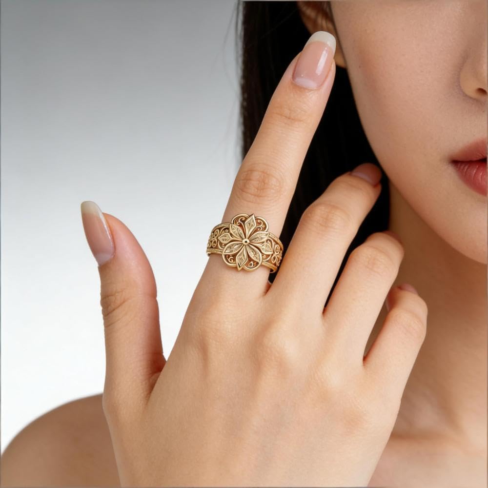 LIU JUN Chunky Gold Flower Ring For Women, Trendy 14k Carving Process Engraved Plumeria Stackable Thumb Rings Wedding Promise Engagement Couples Men Jewelry Gift