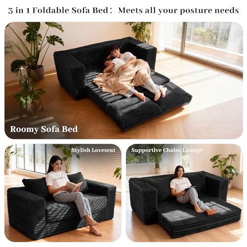 Image of HABUTWAY 62 inch Small Boneless Couch,3-in-1 Convertible Folding Sofa Bed, Corduroy Loveseat Sofa Bed w /2 Pillows for Living Room /Guest Room No Assembly Required, Black