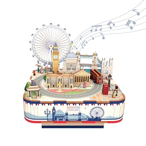 Image of Tonecheer Wooden Music Box Puzzle for Adults,DIY Rotating Music Box Kit 3D Creative Musical Puzzle Crafts Model Building Kits Desk Decor for Teens Kids Birthday Gift (London Music Box)