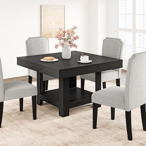 Image of Garvee Square Dining Table for 4-6, 47.2 inch Kitchen Table with 2-Tier Storage Shelf, Modern Black Walnut Waterproof Dining Room Table, Heavy Duty 350Lbs Capacity with Anti-Wobble Triangle Legs