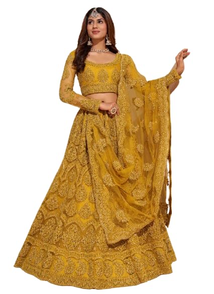 Embroidered Thread Work Net Semi-Stitched Lehenga & Unstitched Blouse With Dupatta