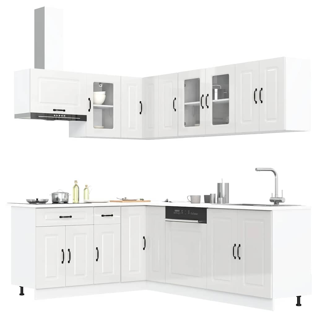 Kalmar - Set di mobili da cucina da 11 pezzi, elegante angolo e pensili, mobili da cucina modulari in legno per molto spazio, bianco lucido