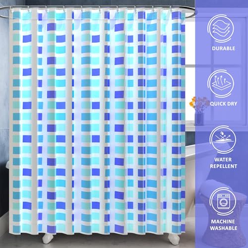 Image of Kuber Industries Pack of 2 Waterproof 71x71 Inch Shower Curtains for Bathroom with 12 Rings | Washroom Partition Screen & Wall Divider Parda for Bath | JY-2-2 | Block Print - Blue