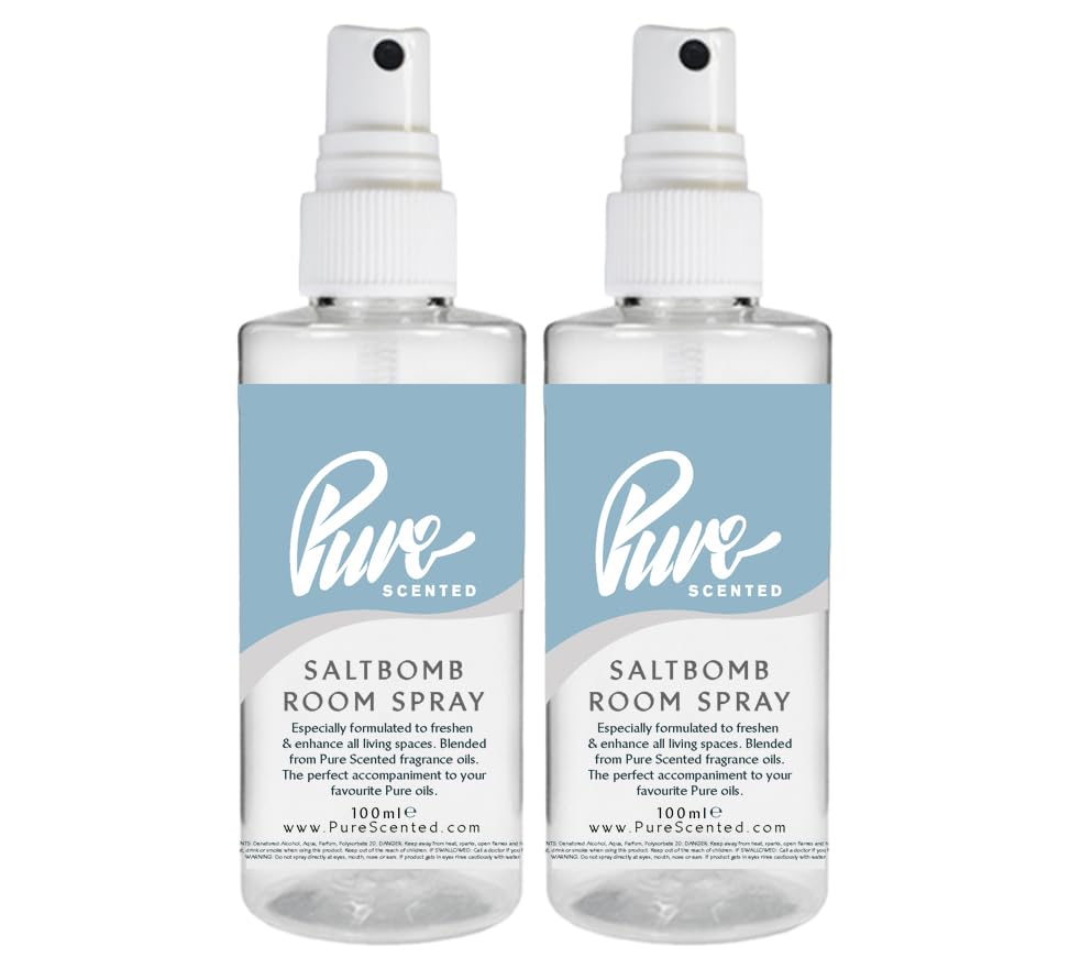 "Pure Scented 200ml Room & Fabric Sprays 2 x 100ml Suitable For Home, Car, Caravan, Work, Gym Bags, Odour Eliminators (2 x 100ml, Saltbomb)"