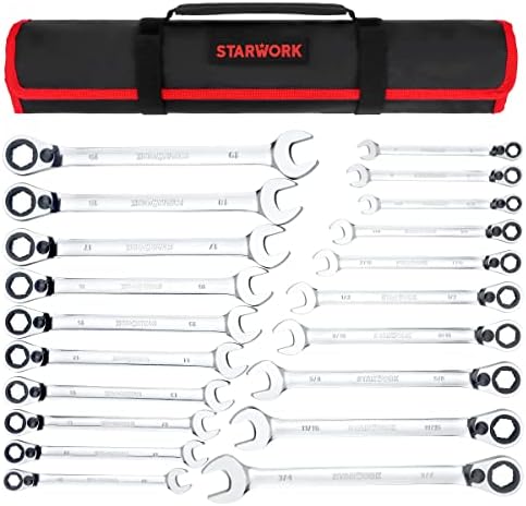 STARWORK TRUE MECHANIC™ 20 Pc. Reversible Ratcheting Combination Wrench Set, Non-Slip, Long Pattern, SAE, Metric, Professional, With Portable Roll-Up Pouch Bag