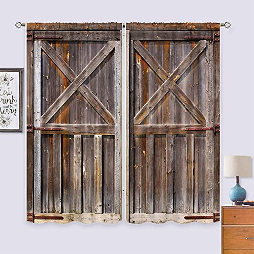 Cinbloo Rustic Barn Door Curtains Brown Wooden Rod Pocket Farmhouse Garage Gate Vintage Barnwood Men Western Bedroom Decor Country Cabin Wood Art Printed Living Room Window 42W X 63L Inch 2 Panels #TOP4