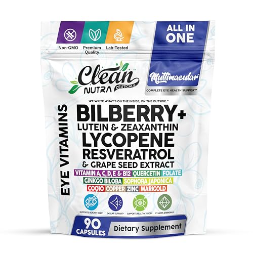 Image of Clean Nutra Multimacular Bilberry+ Lutein Zeaxanthin Lycopene Resveratrol with Flax Seed Grape Japanese Knotweed Ginkgo Biloba Sophora Japonica Coenzyme Copper Zinc Marigold Black Pepper 90 Capsules