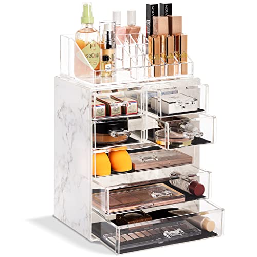 Image of Sorbus Acrylic Makeup Organizer Set, 7-Drawer Vanity & Countertop Cosmetic Storage with Small & Wide Compartments, Marble Print Makeup Storage for Brushes, Jewelry - Holiday Gift for Women & Teens