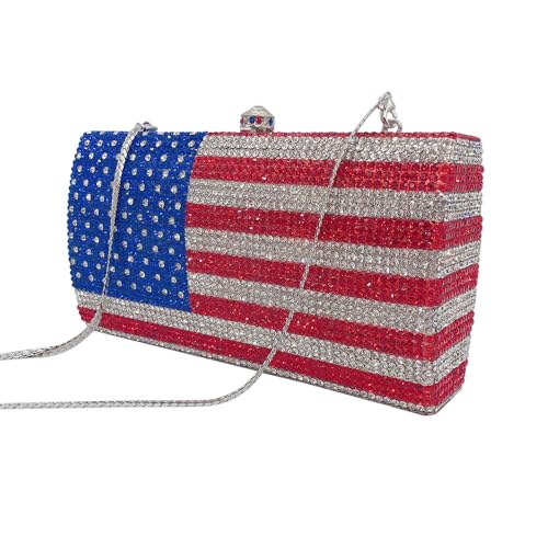 Image of National Flag Evening Clutch Rhinestone Purse for Women, USA Flag Crystal Shoulder Bag, Blue Red