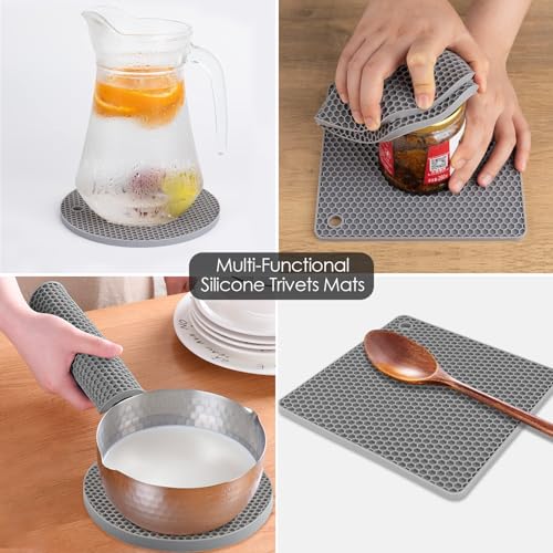 Image of Silicone Trivet Mats, Silicone Pot Holders for Hot Pots and Pans, Heat Resistant Counter Mats for Tables, Countertops, Spoon Rest and Large Coasters, 4 Pack Gray Trivets for Hot Dishes