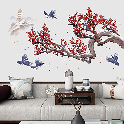 Runtoo Stickers Muraux Fleurs de Cerisier Japonais Autocollant Mural Branche Arbre Floral Oiseaux Deco Stickers Salon Chambre Enfants Bébé Décoration
