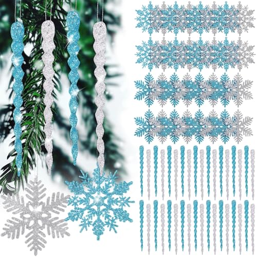 Deekin 72 Pieces Snowflake Icicle Ornaments for Christmas Tree Snowflake Twisted Icicles Glitter Hanging Decorations for Winter Xmas Tree New Year Party Supplies (Light Blue and Silver)