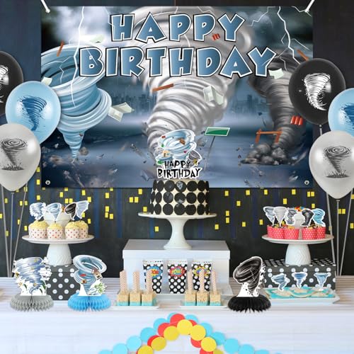 Image of Tornado Birthday Party Decorations - Tornado Party Supplies including Happy Birthday Banner, Spirals, Cake Toppers, Table Centerpieces, Balloons, Tablecloth (BJ)