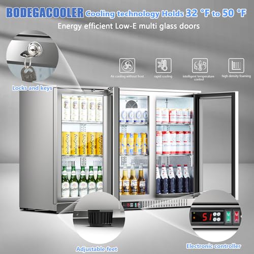 Image of BODEGA BODEGACOOLER Back Bar Cooler, 11.4 Cu.Ft Stainless Steel Commercial Bar Fridge with 3 Glass Doors,Counter Height Bar Beverage Cooler with LED Lighting for Beer,Soda Drinks,Wine