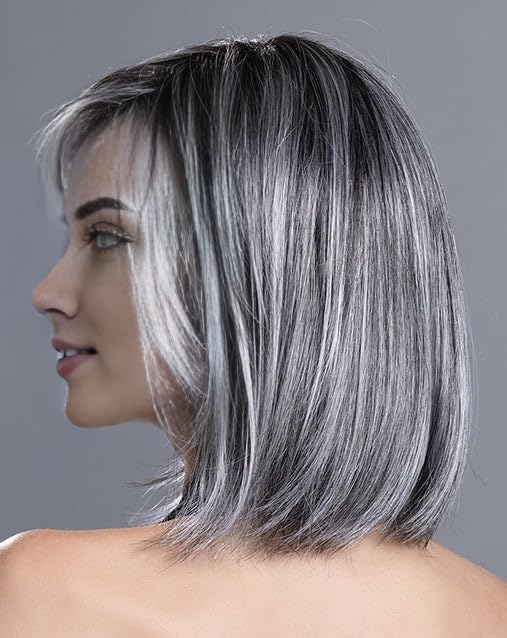 RENERSHOW Ombre Grey Short Bob Natural Straight Hair Wig with Curtain Bangs Mix Gray Heat Synthetic Wig Salt N Pepper Wigs for Women