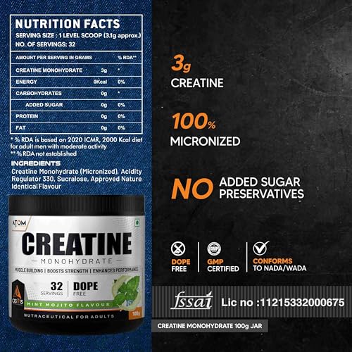 Image of Asitis Nutrition Atom Creatine Monohydrate Powder 100 grams - 32 Servings | Dope Free | Enhances Performance | Promotes Muscle Gains | Mint Mojito Flavour