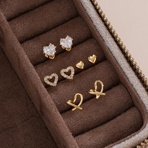 Image of 5 Pairs 14K Gold Plated Stud Earrings for Women, Hypoallergenic Earring Sets for Multiple Piercing, Premium Cubic Zirconia Studs Earrings for Women
