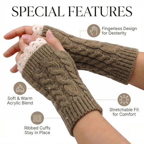Image of Kraptick Women's Cable Knit Fingerless Gloves - Winter Arm Warmers with Elegant Lace Trim & Thumb Hole - Soft Woolen Thermal Half Finger Mittens for Typing, Driving & Office Work (Free Size, khaki)-1