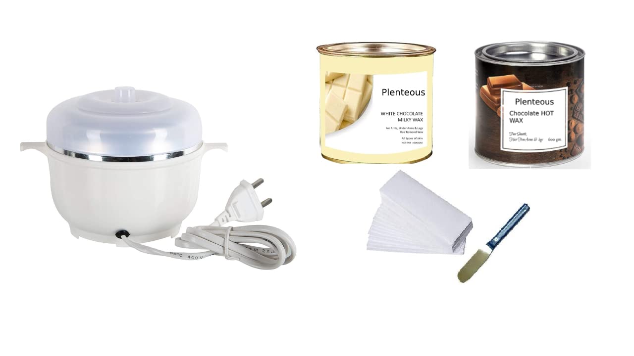 Plenteous Waxing Kit Combo Oil Wax Machine, Wax Heater, Chocolate Wax - 600 g, White Chocolate Wax - 600 g, Wax Strips 70 pc, Wax Spatula (Knife) Waxing Kit For Women(Pack of 5)
