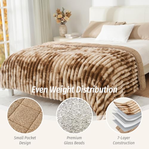 Image of Fleece Weighted Blanket for Adults 60 inch x 80 inch 20lbs Striped Blankets, Khaki | Soft Queen Size Sherpa Weighted Blankets with Glass Bead Filling, Plush 3D Striped Heavy Throw Blanket for Bed and Couch