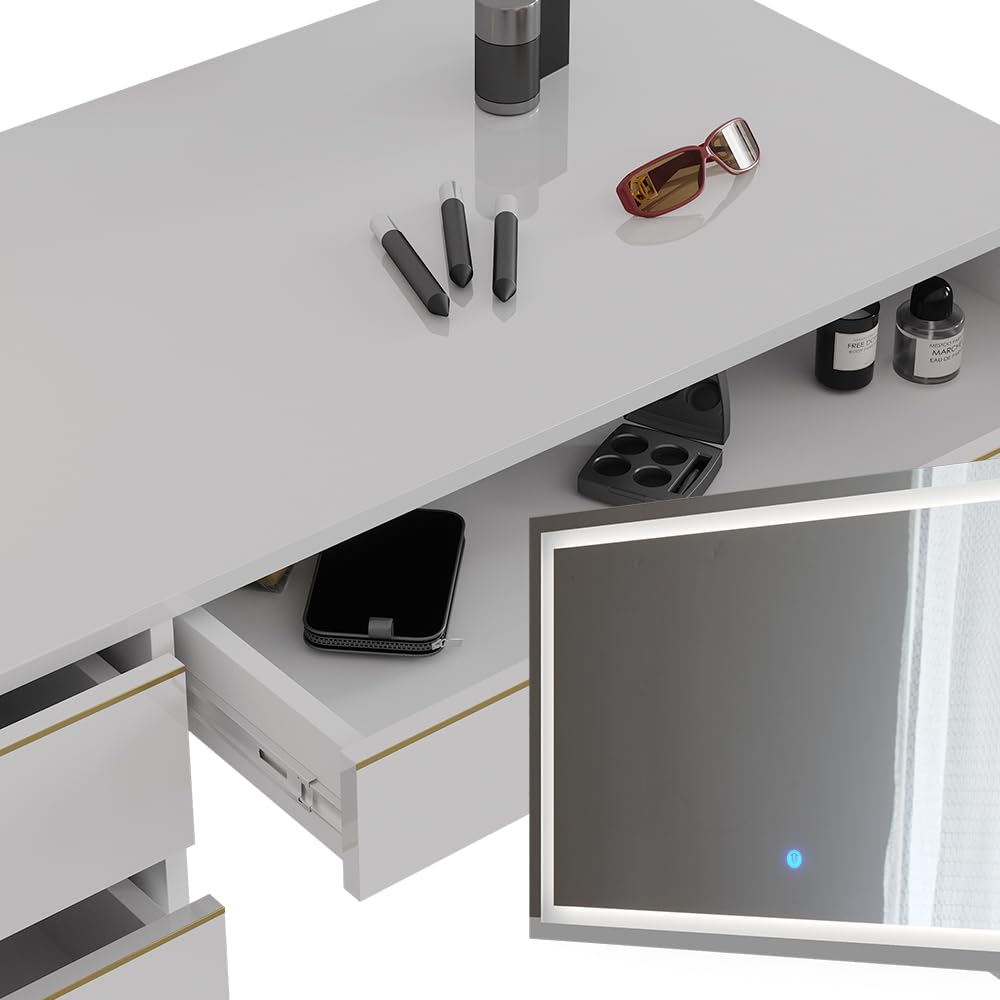 Vicco Tavolino da toilette Sherry, Bianco/Oro, 120 cm | con specchio LED e sgabello, con illuminazione LED e sgabello imbottito