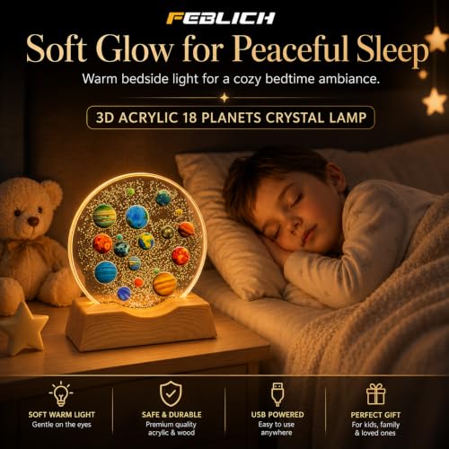 Image of 3D Acrylic LED Night Light - Warm White & 18 Planets Design with Durable Plastic Base, Decorative Table Lamp for Bedroom, Living Room, Kids Room, Study & Home Decor Gifting